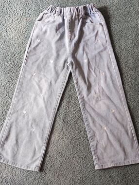 Gray Heart Embroidered Wide Leg Pants
